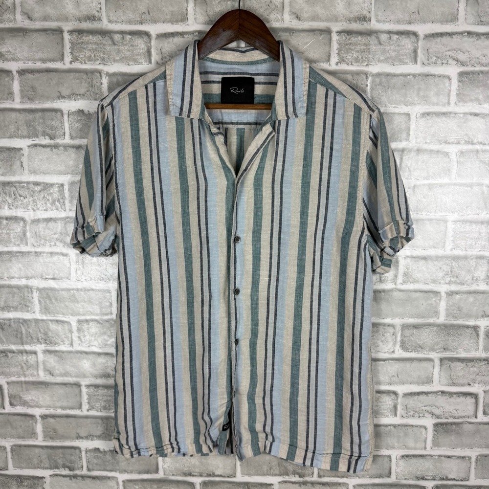 Rails Amalfi Catalan Stripe Beach Linen Short Sleeve Shirt Blue Cream Men Medium